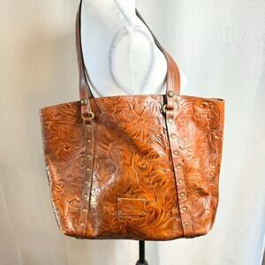 Patricia Nash Leather Handbag Tooled Floral Embossed Studded Tote Cognac Brown